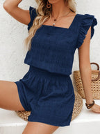Square-Neck Ruffle-Sleeve Top and Shorts Set