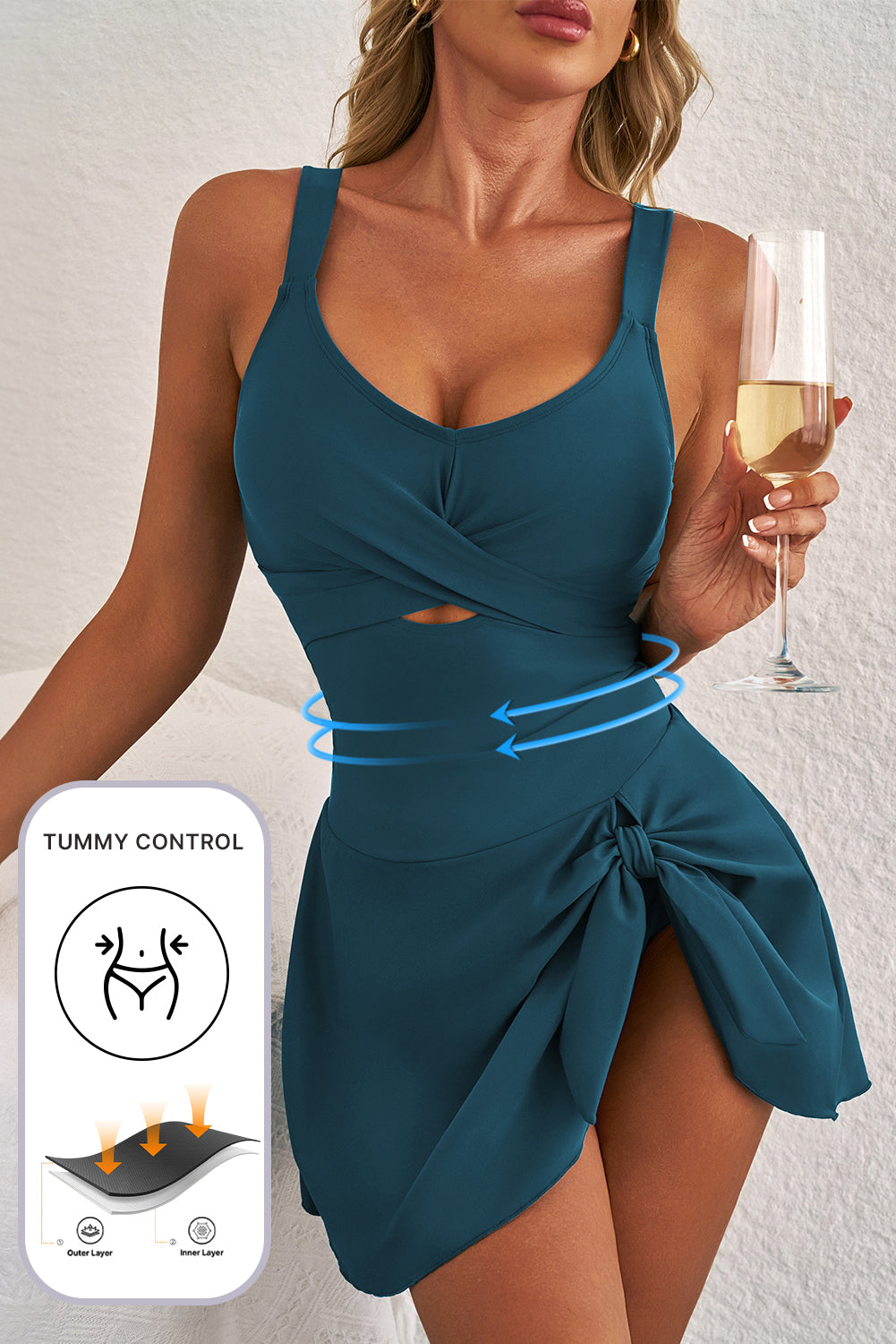 Cutout Ruched Knot-Slit One-Piece Swim Dress