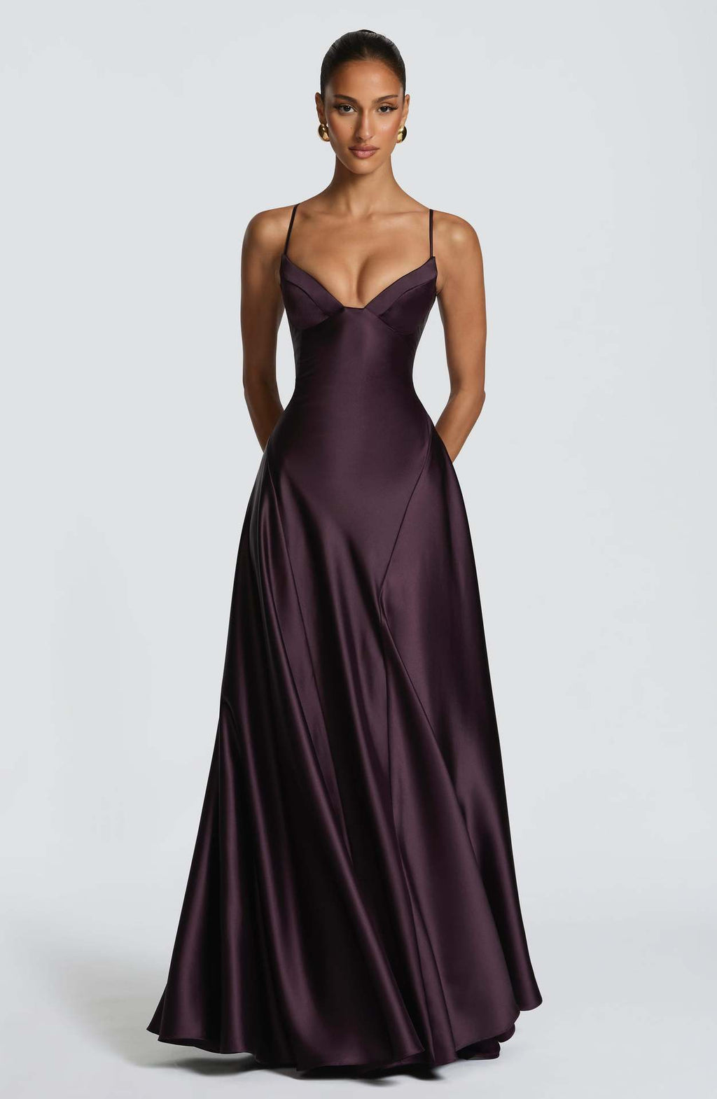 Woman wearing the Modarine lace-back satin maxi evening gown