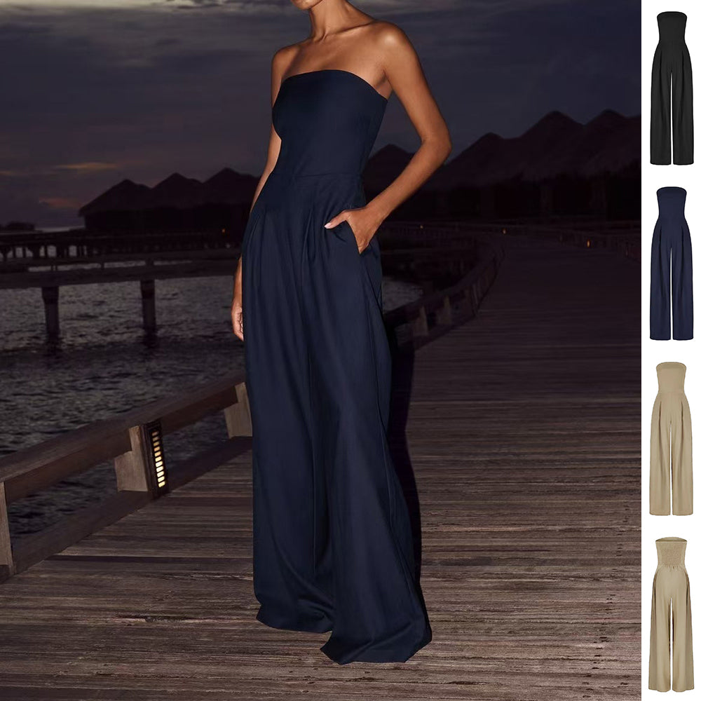 Strapless Pleated Wide-Leg Jumpsuit