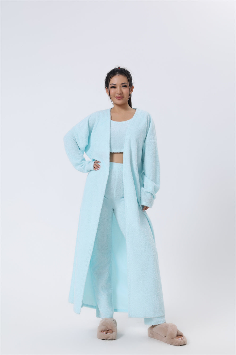 Fluffy Knit Wide-Leg Pants 3-Piece Pajama Set
