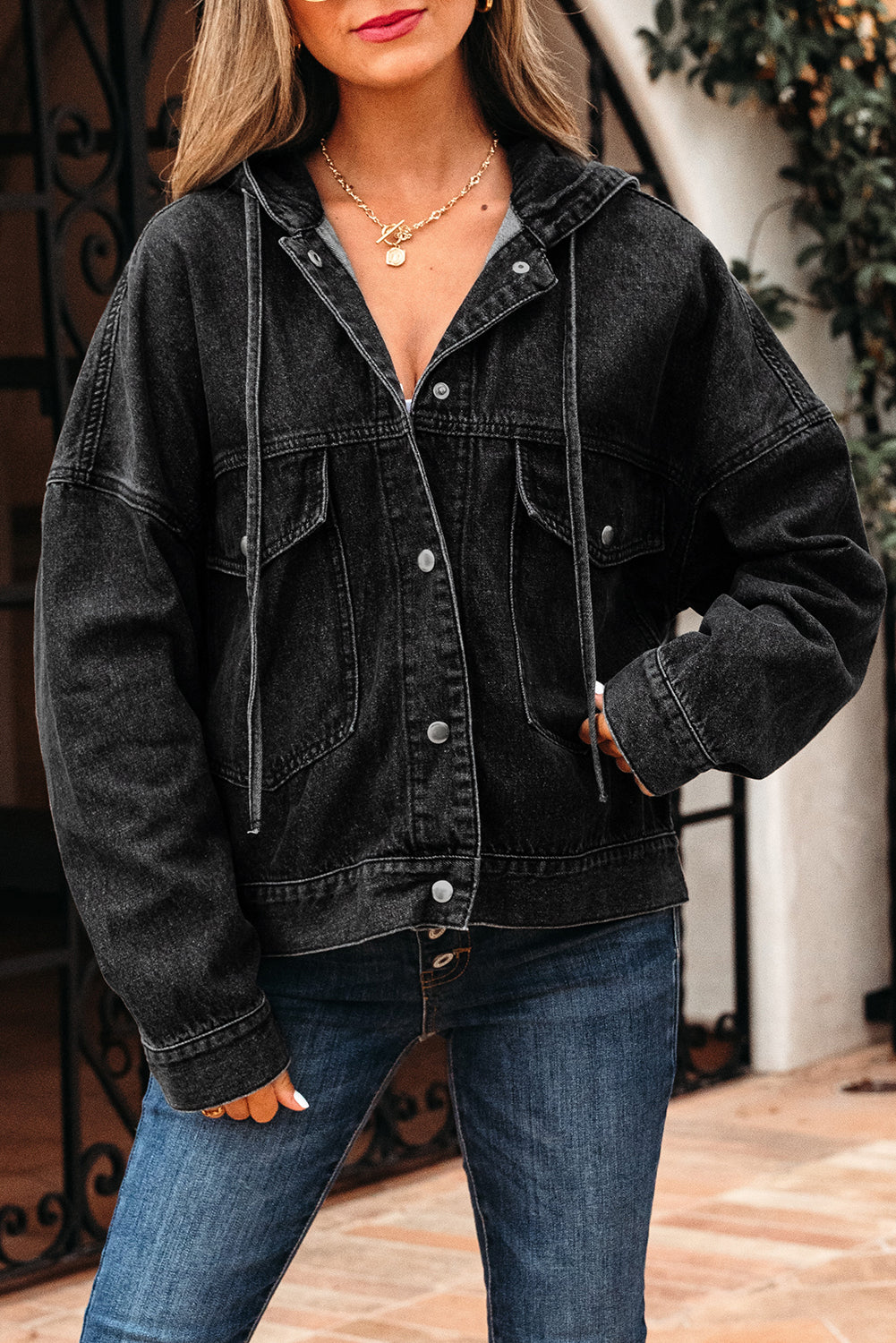 Drop-Shoulder Hooded Denim Jacket