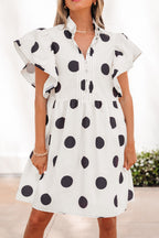White Polka Dot Ruffle Sleeve Half Button Mini Dress