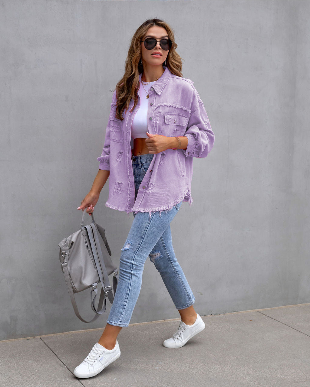 Frayed-Trim Oversized Shirt Jacket