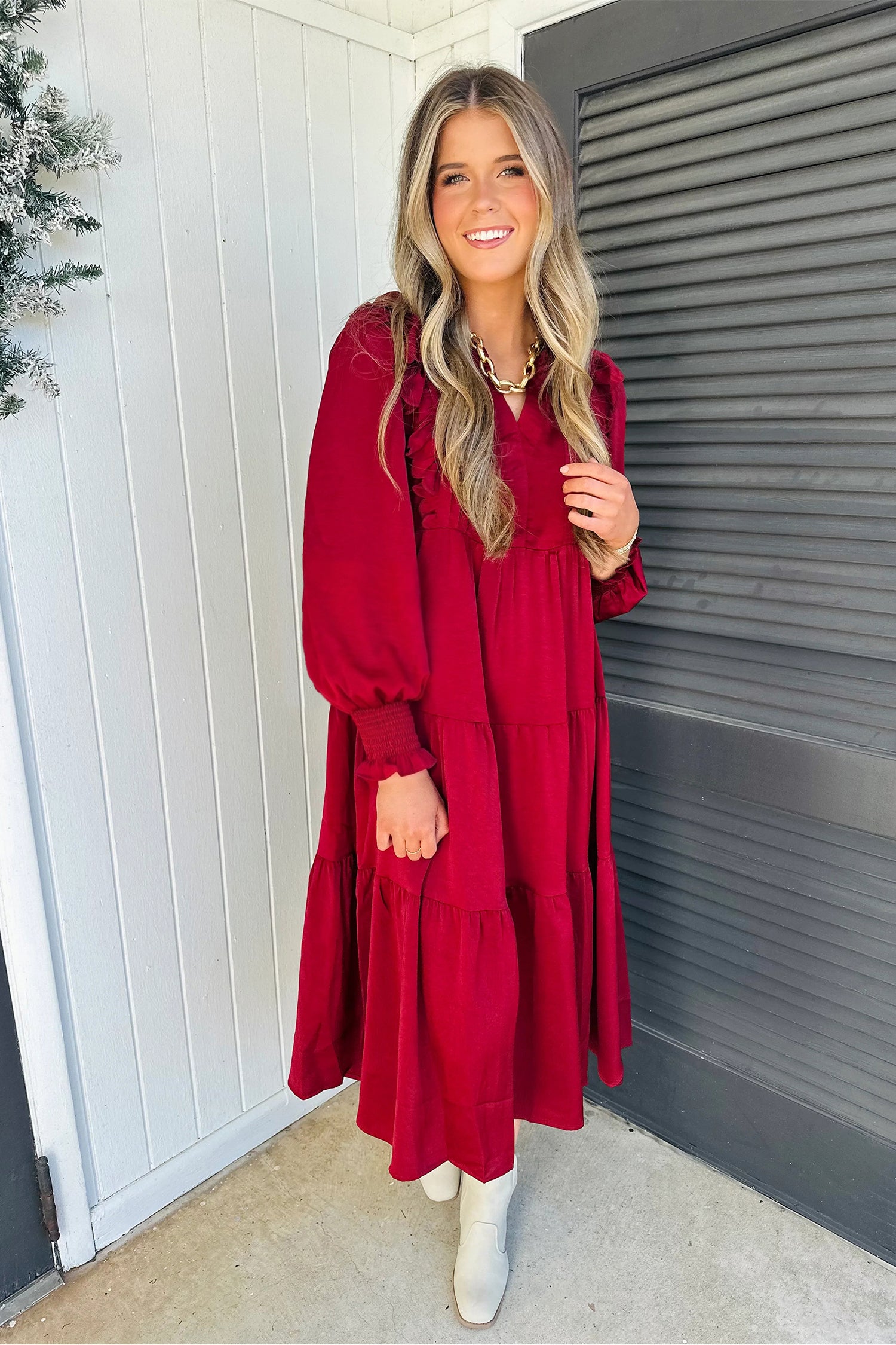 Ruffle-Trim Long-Sleeve Tiered Shift Midi Dress