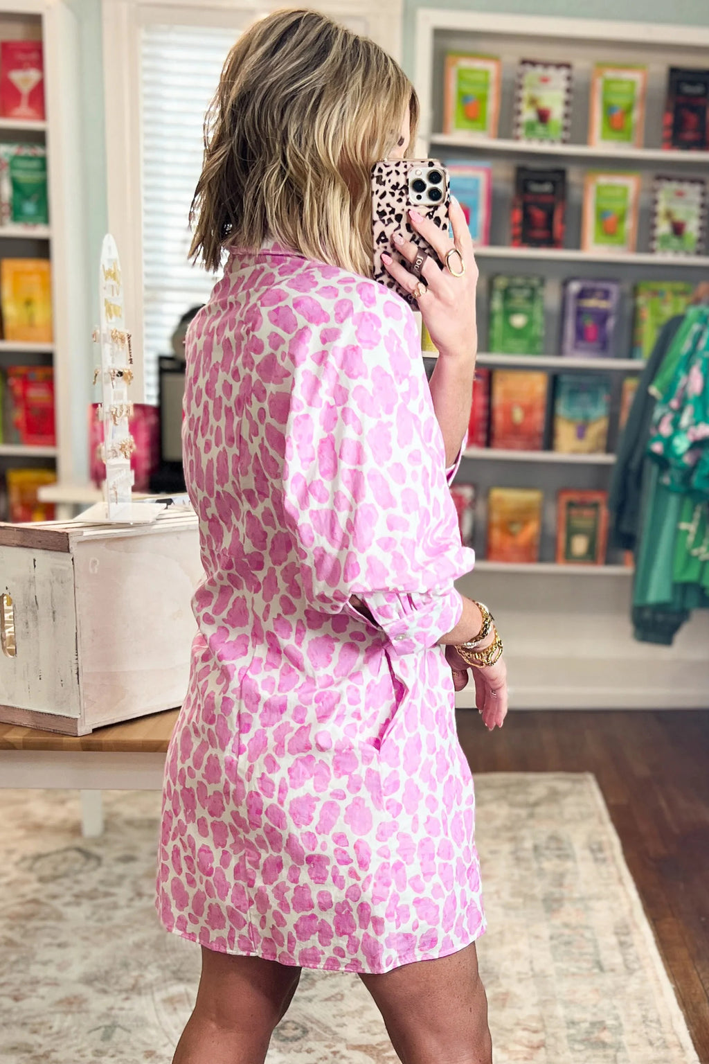 Abstract Leopard Print Tie-Waist Mini Shirt Dress
