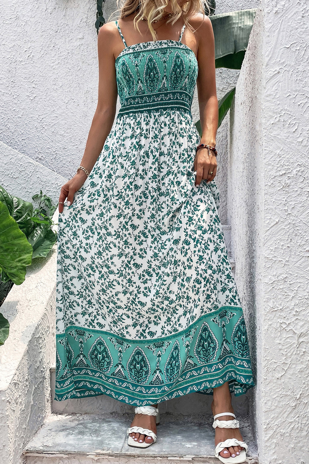 Green Floral Shirred Cami Maxi Dress