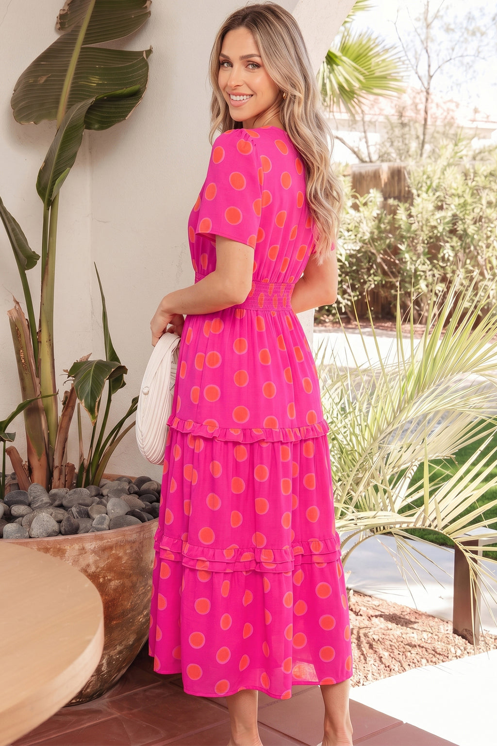 Polka Dot Shirred High-Waist Midi Dress