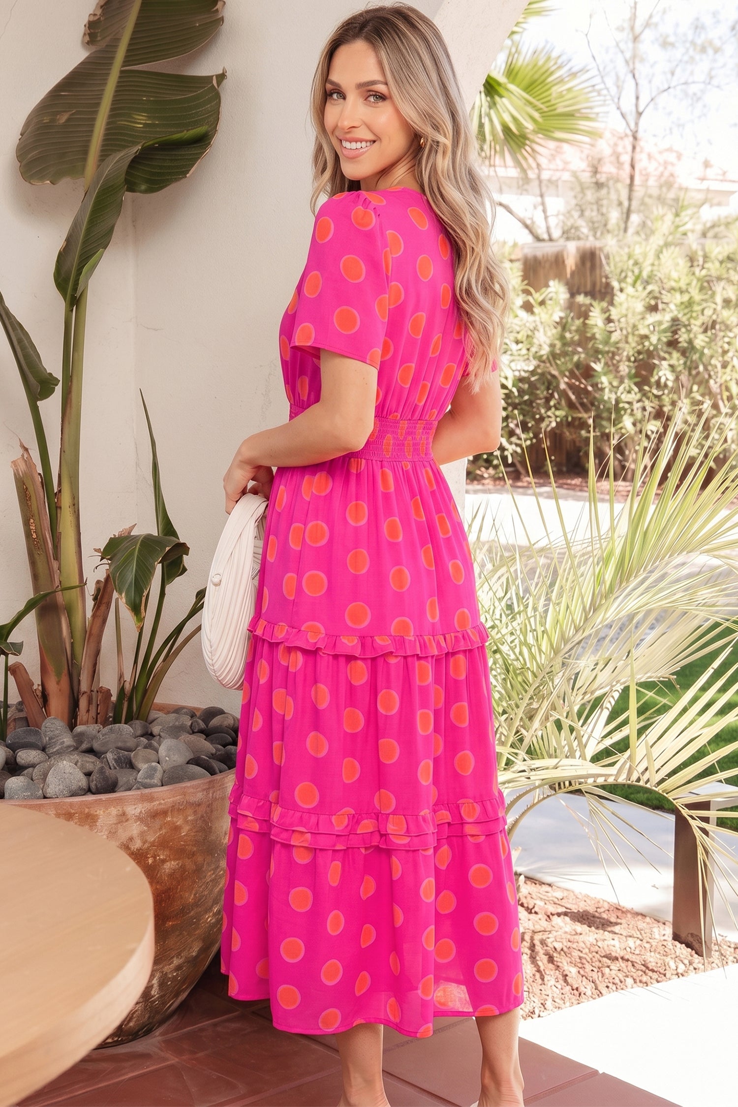 Polka Dot Shirred High-Waist Midi Dress