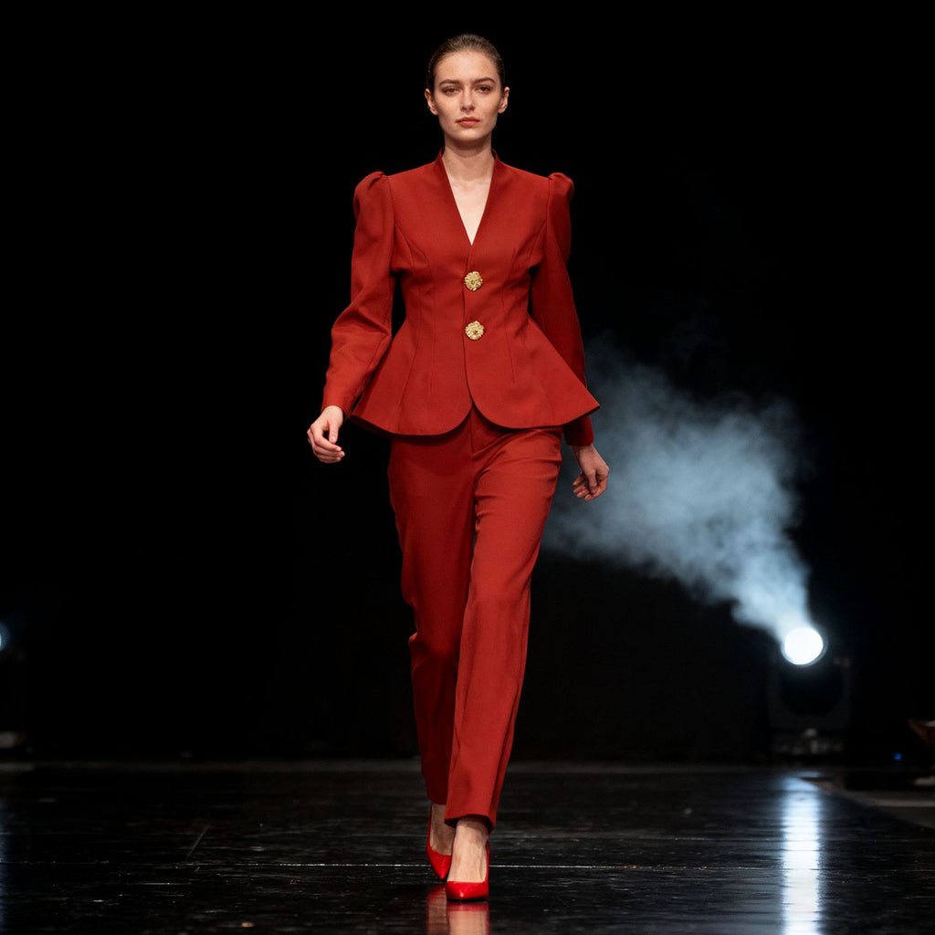 Puff-Sleeve Peplum Blazer and Pants Two-Piece Set