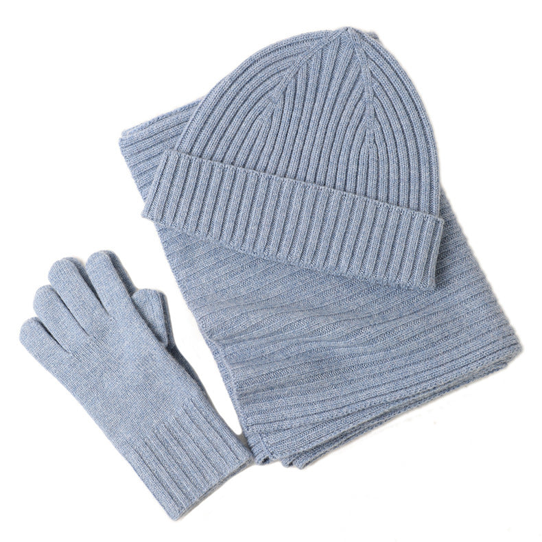 Ribbed Wool Beanie, Scarf and Gloves Set