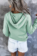 Button-Placket Drawstring Hooded Sweatshirt