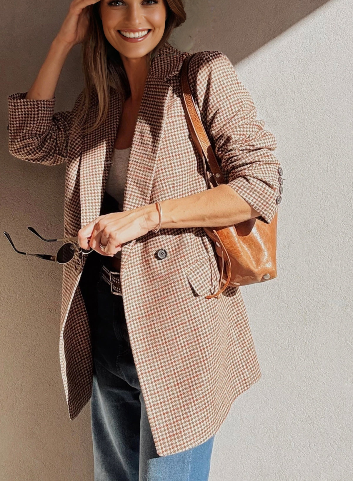 Houndstooth Lapel-Collar Blazer