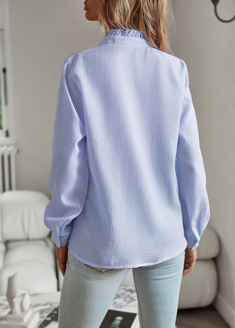 Striped Ruffle-Front Button-Up Shirt