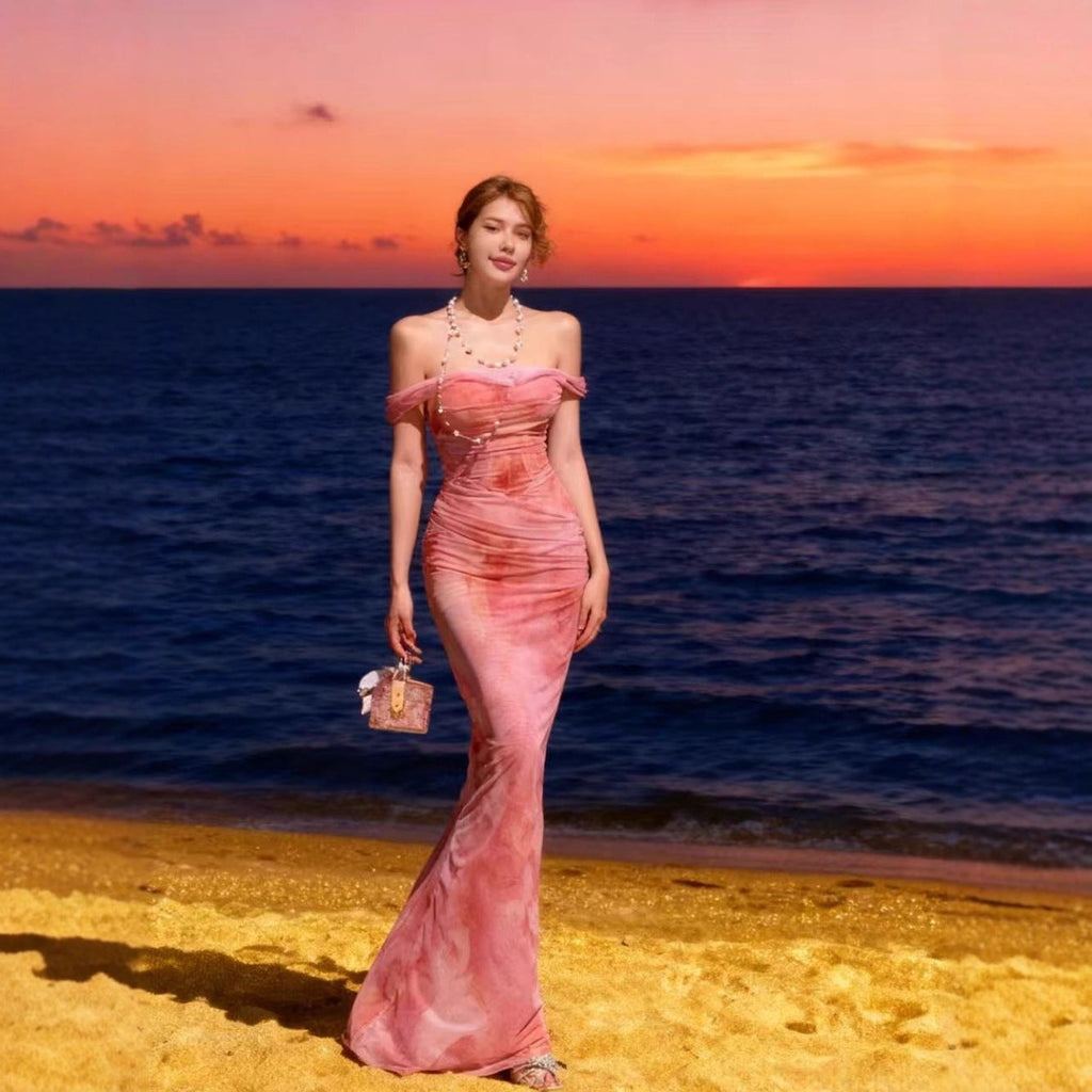 Off-Shoulder Ruched Watercolor-Print Dress