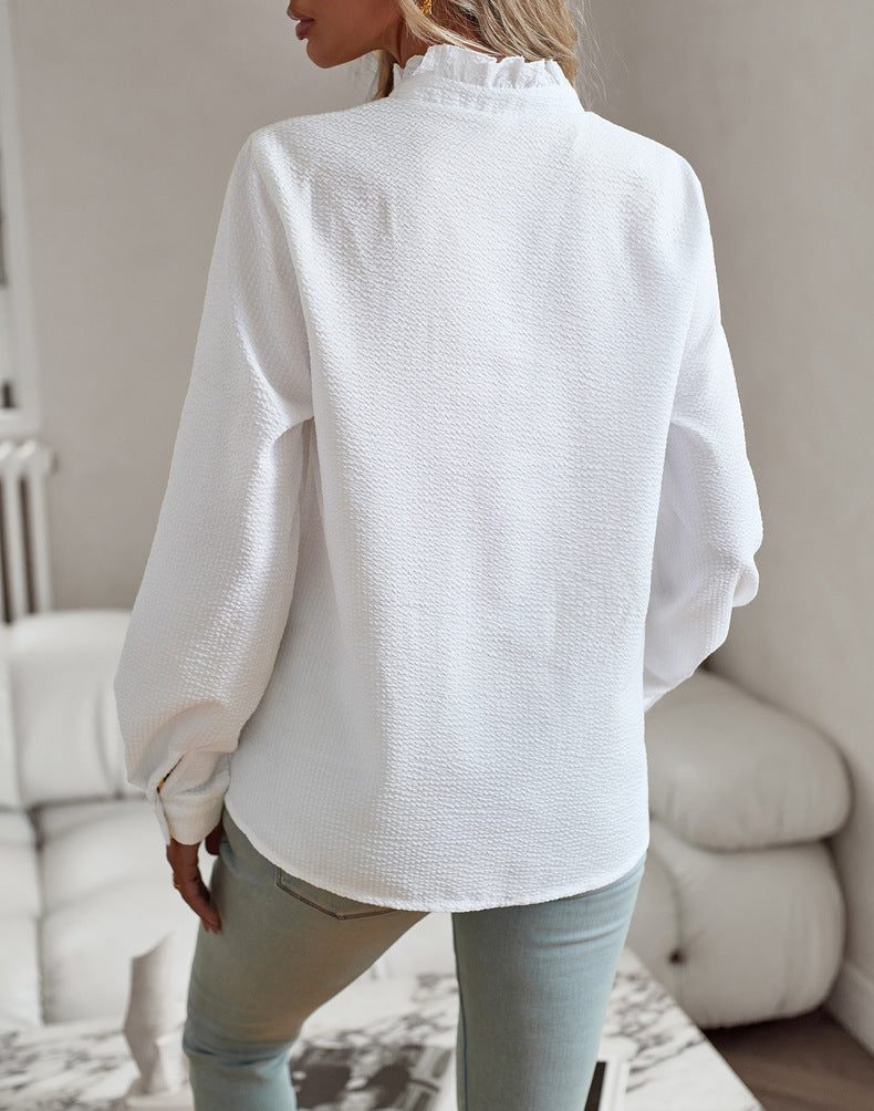 Striped Ruffle-Front Button-Up Shirt
