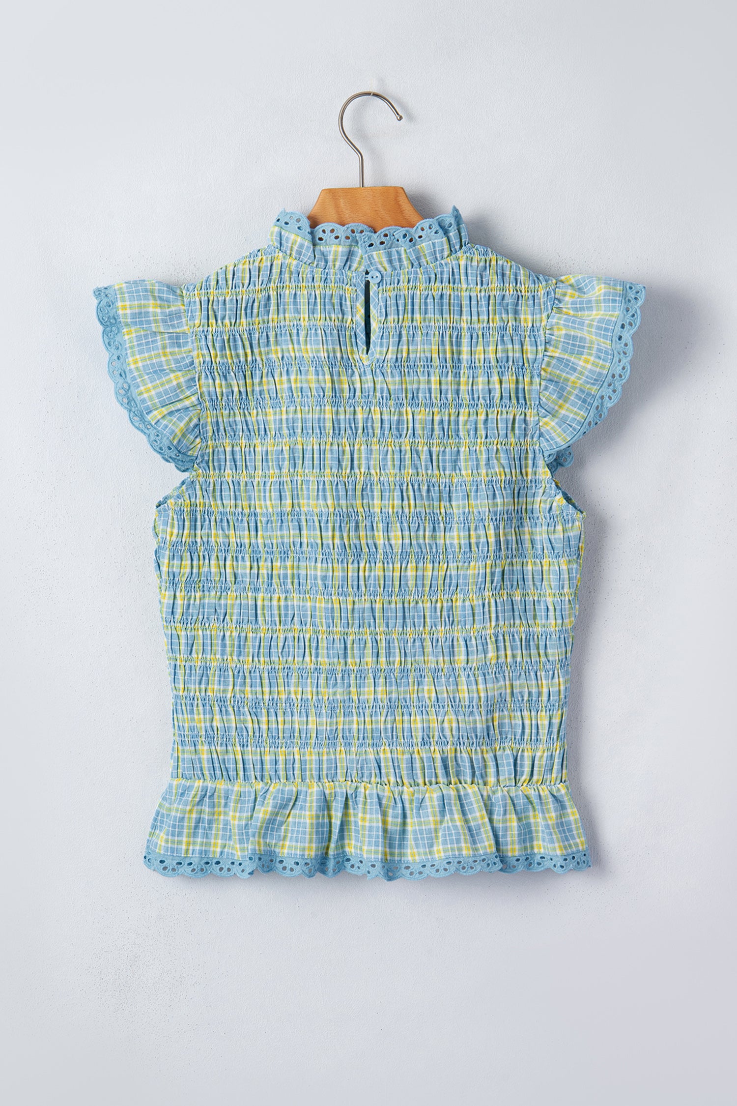 Gingham Smocked Lace-Trim Tank Top