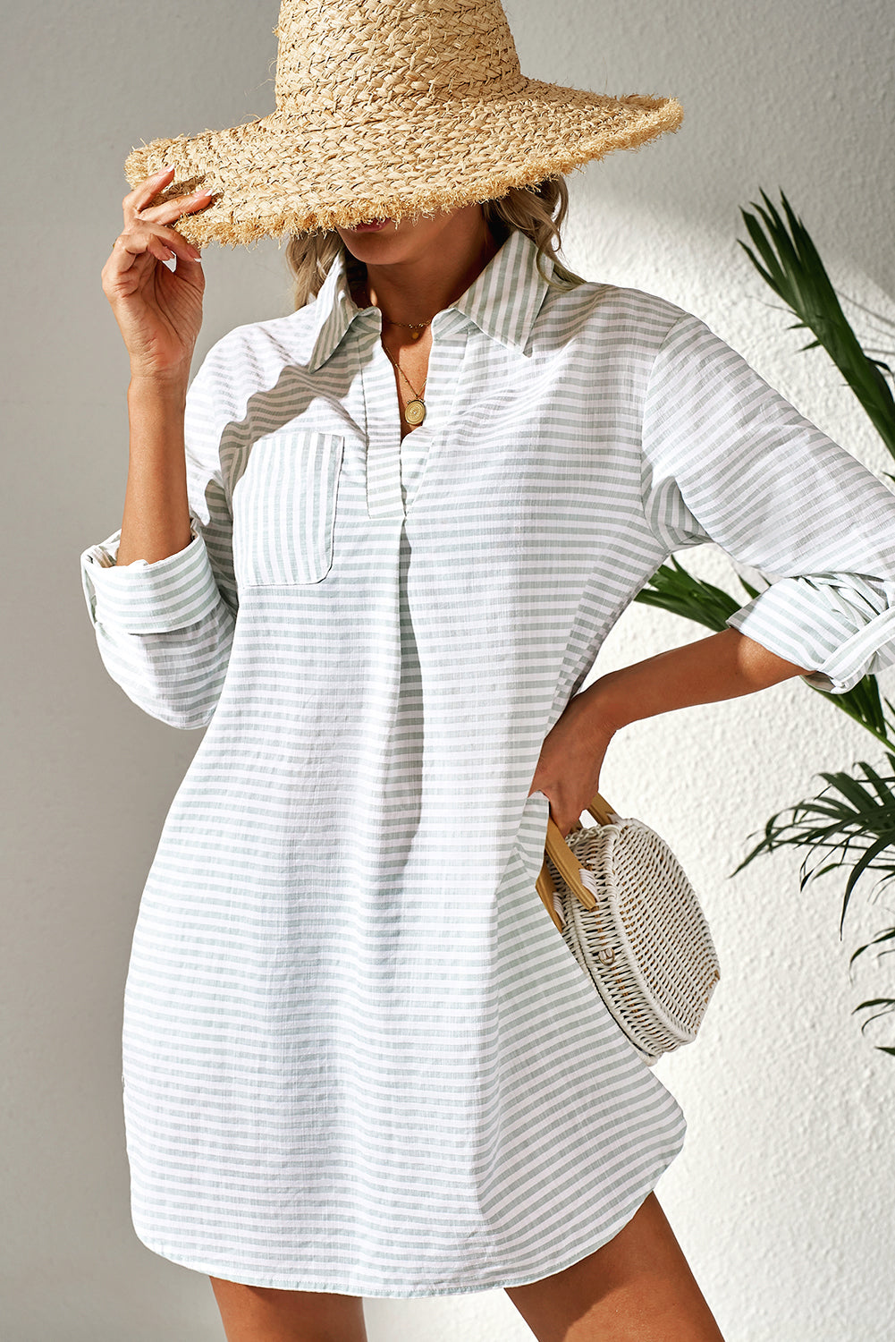 Striped Collared Long-Sleeve Beach Cover-Up