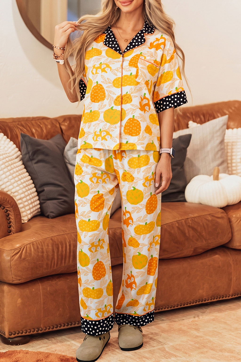 Pumpkin Print Short-Sleeve Lounge Set