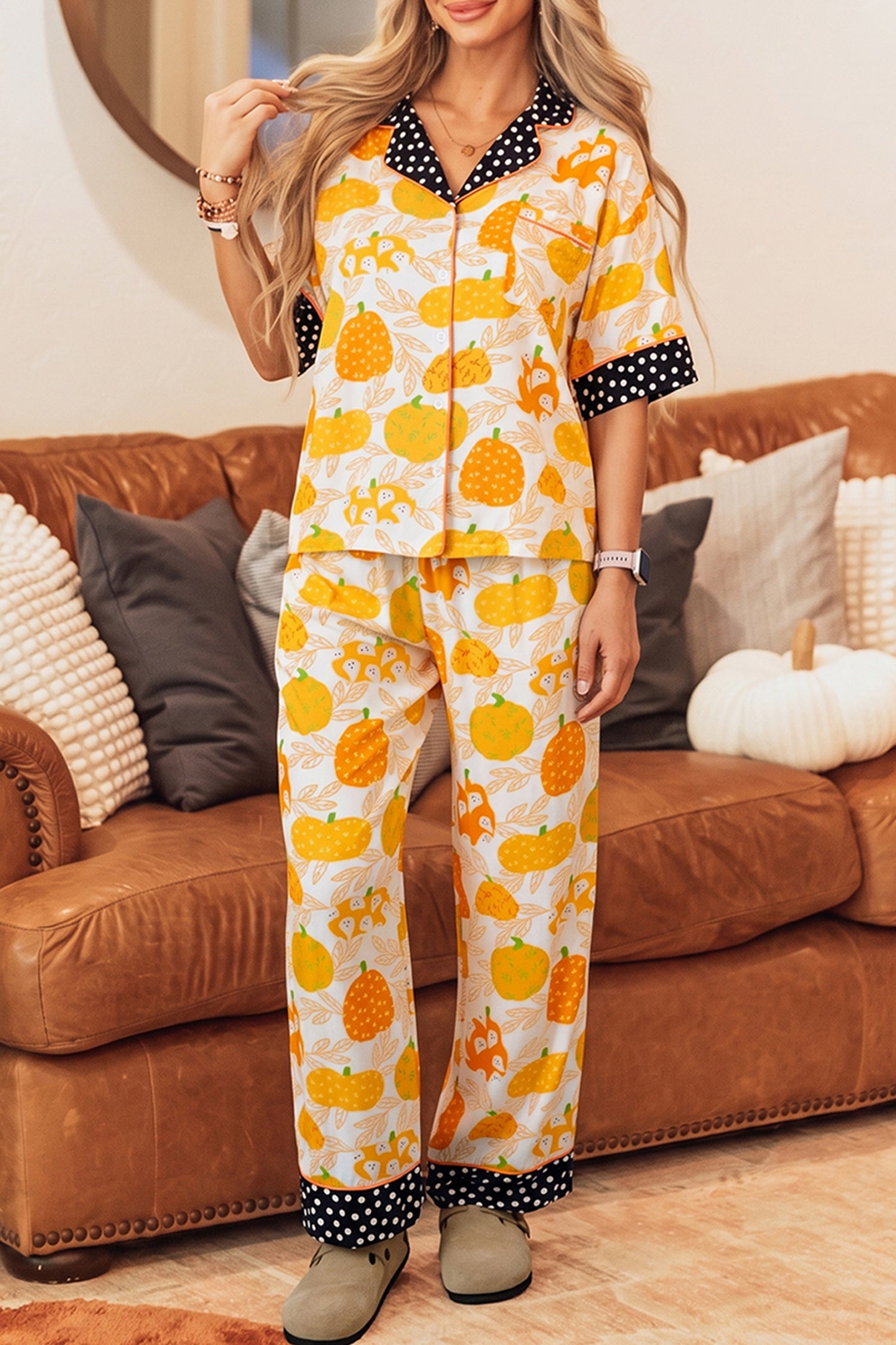 Pumpkin Print Short-Sleeve Lounge Set