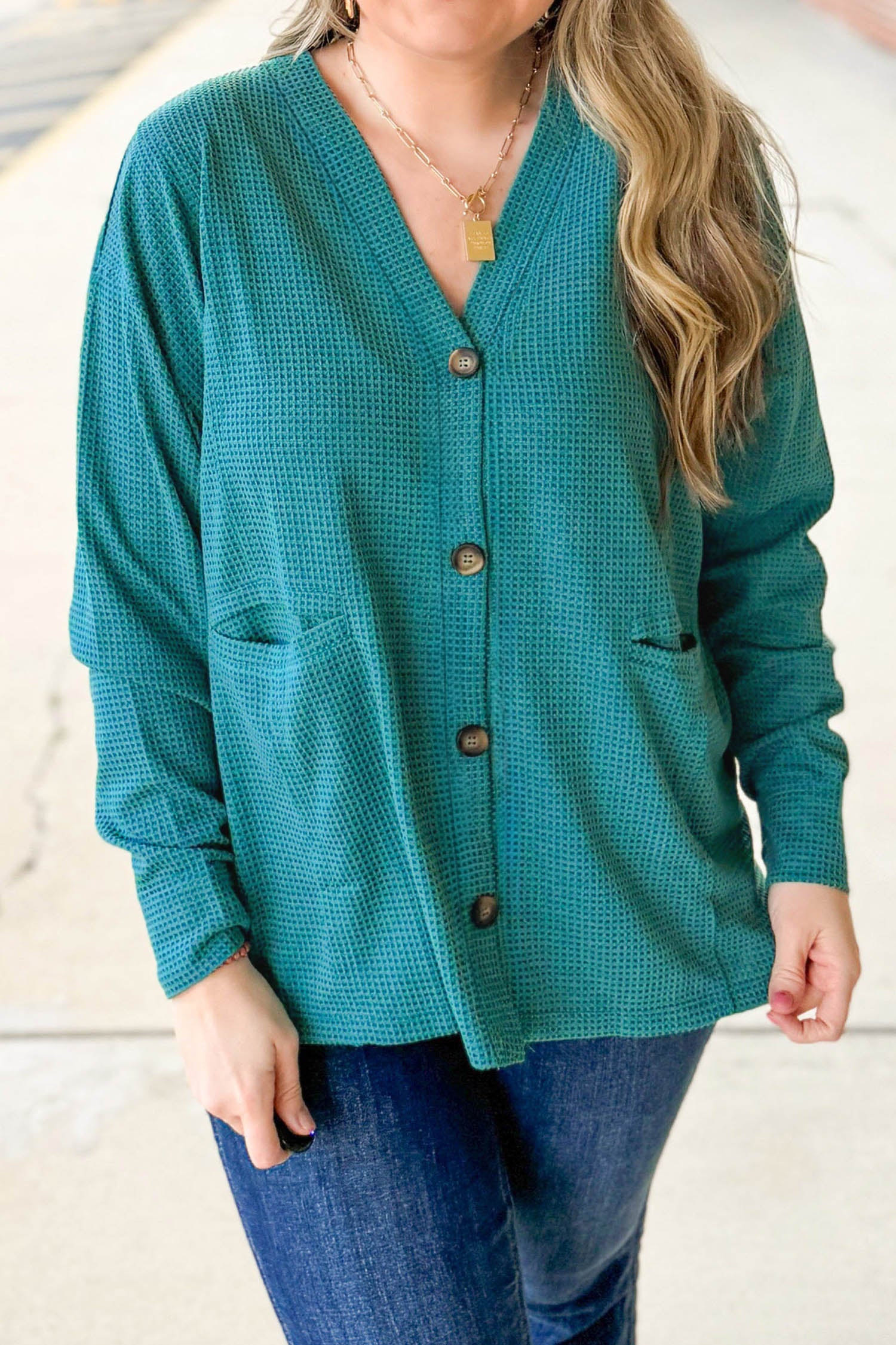 Waffle-Knit Button-Front Tunic Cardigan