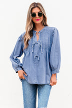 Blue Denim Pintuck Bow Tie Puff Sleeve Top