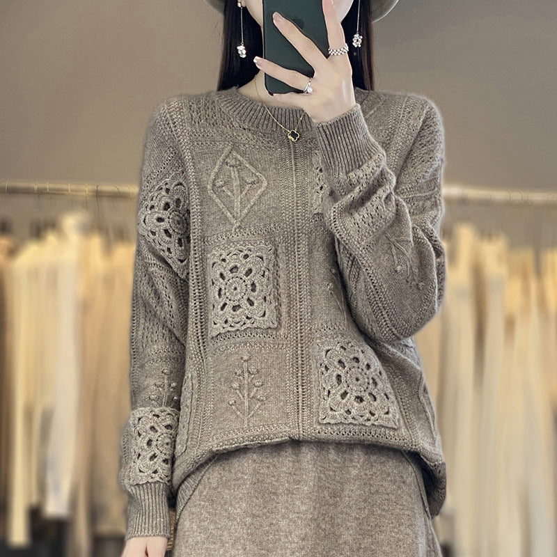 Crochet Hollow-Out Wool Crew-Neck Sweater
