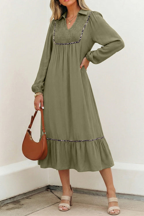 Collared V Neck Smocked Leopard Trim Long Dress