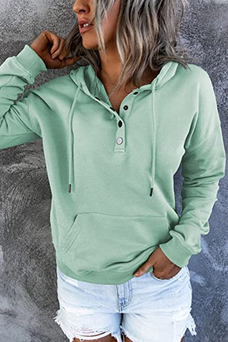Button-Placket Drawstring Hooded Sweatshirt