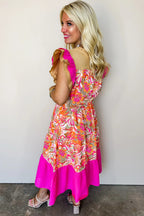 Floral Color-Block Ruffle-Sleeve Flared Midi Dress