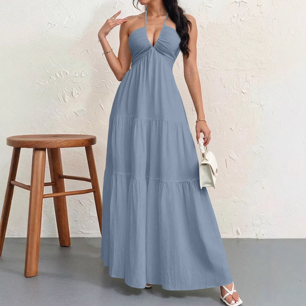 Backless Halter Tiered Maxi Dress
