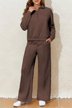 Collared Sweatshirt and High-Waist Pants Set