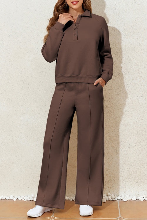 Collared Sweatshirt and High-Waist Pants Set