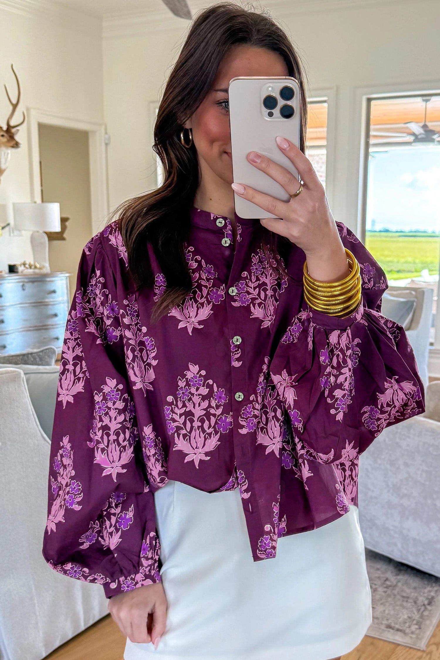 Floral Button-Front Puff-Sleeve Shirt