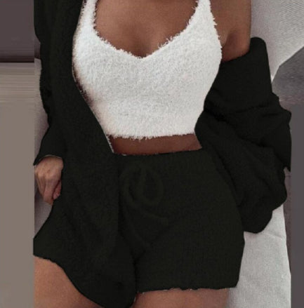 Fluffy Knit Shorts 3-Piece Pajama Set