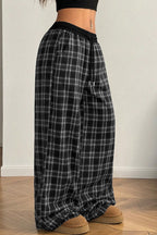 Plaid Contrast Drawstring Wide-Leg Pants