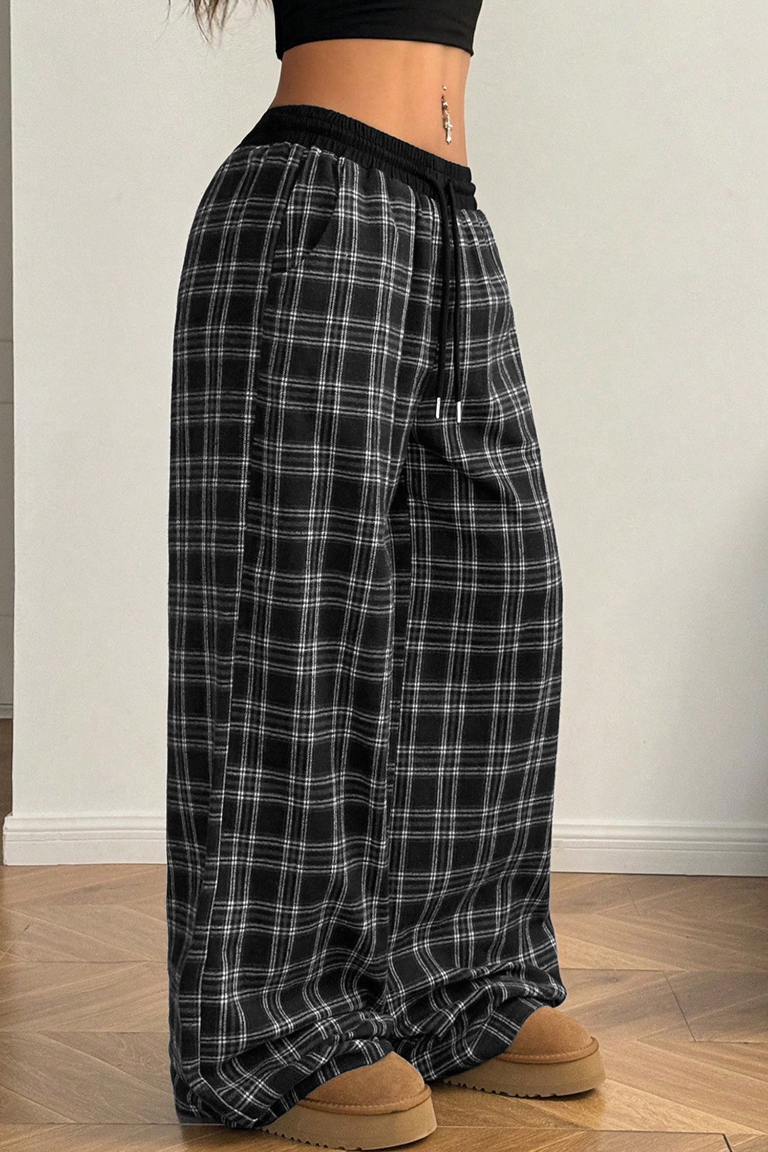 Plaid Contrast Drawstring Wide-Leg Pants