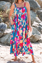 Blue Floral Sleeveless Flared Midi Dress