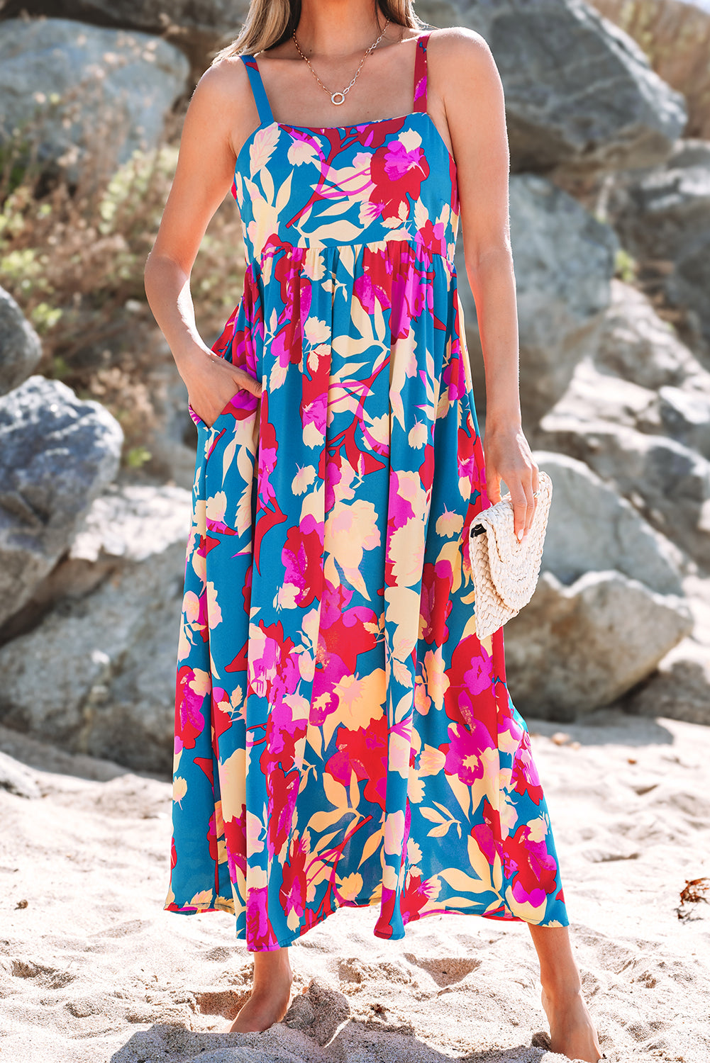Blue Floral Sleeveless Flared Midi Dress