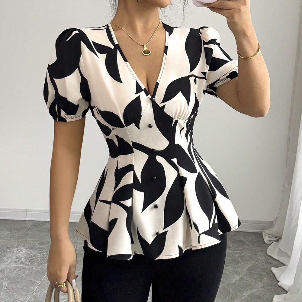 Abstract Print Puff-Sleeve Peplum Blouse