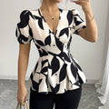 Abstract Print Puff-Sleeve Peplum Blouse