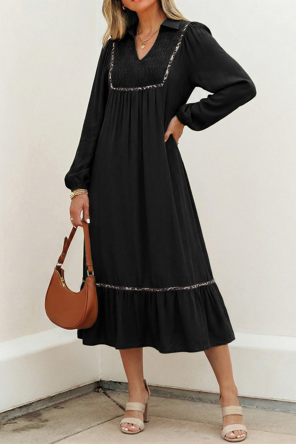 Collared V Neck Smocked Leopard Trim Long Dress