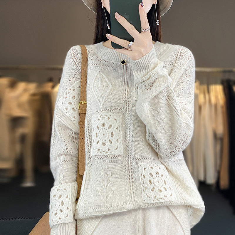 Crochet Hollow-Out Wool Crew-Neck Sweater