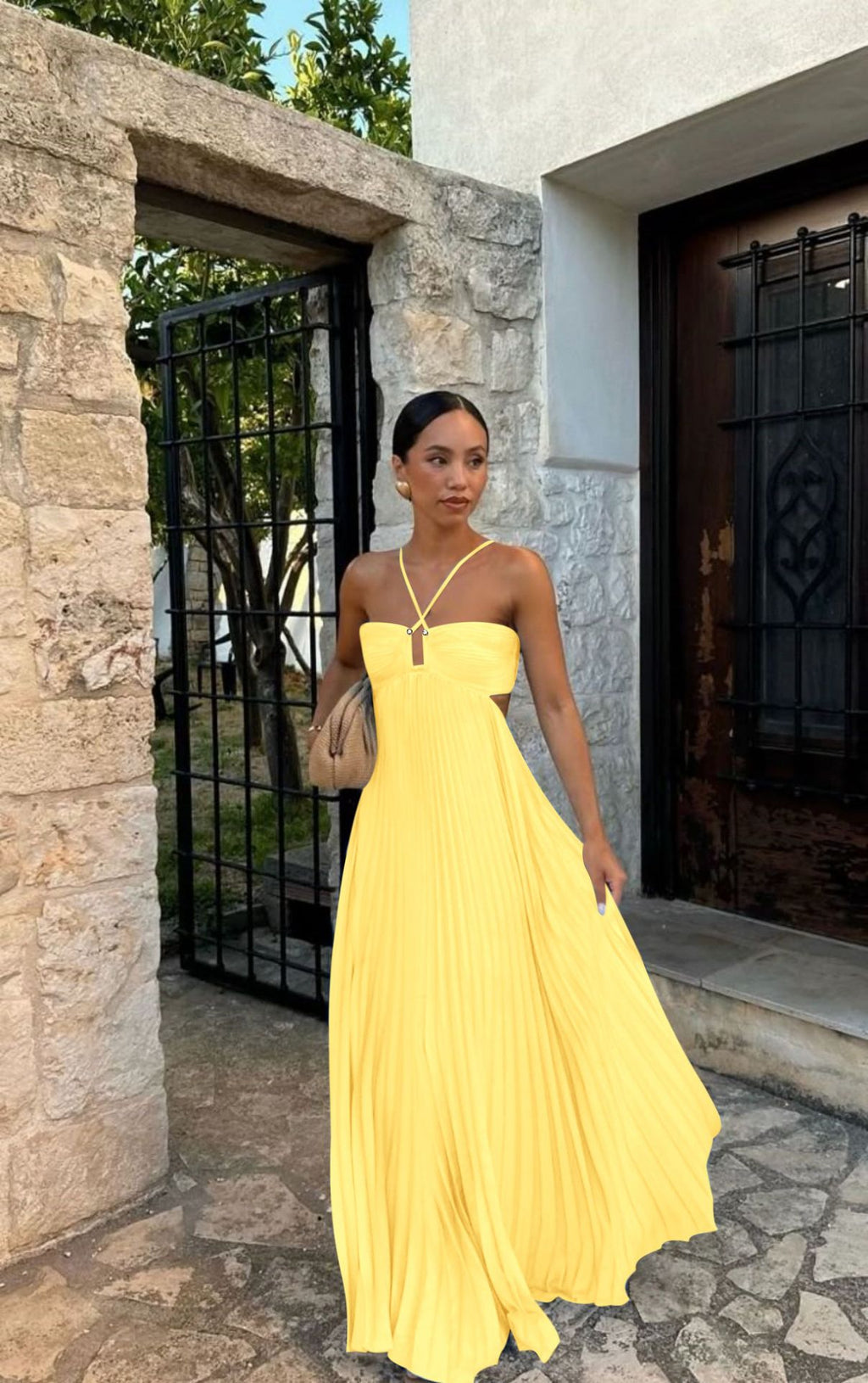 Pleated Cut-Out Halter Maxi Dress