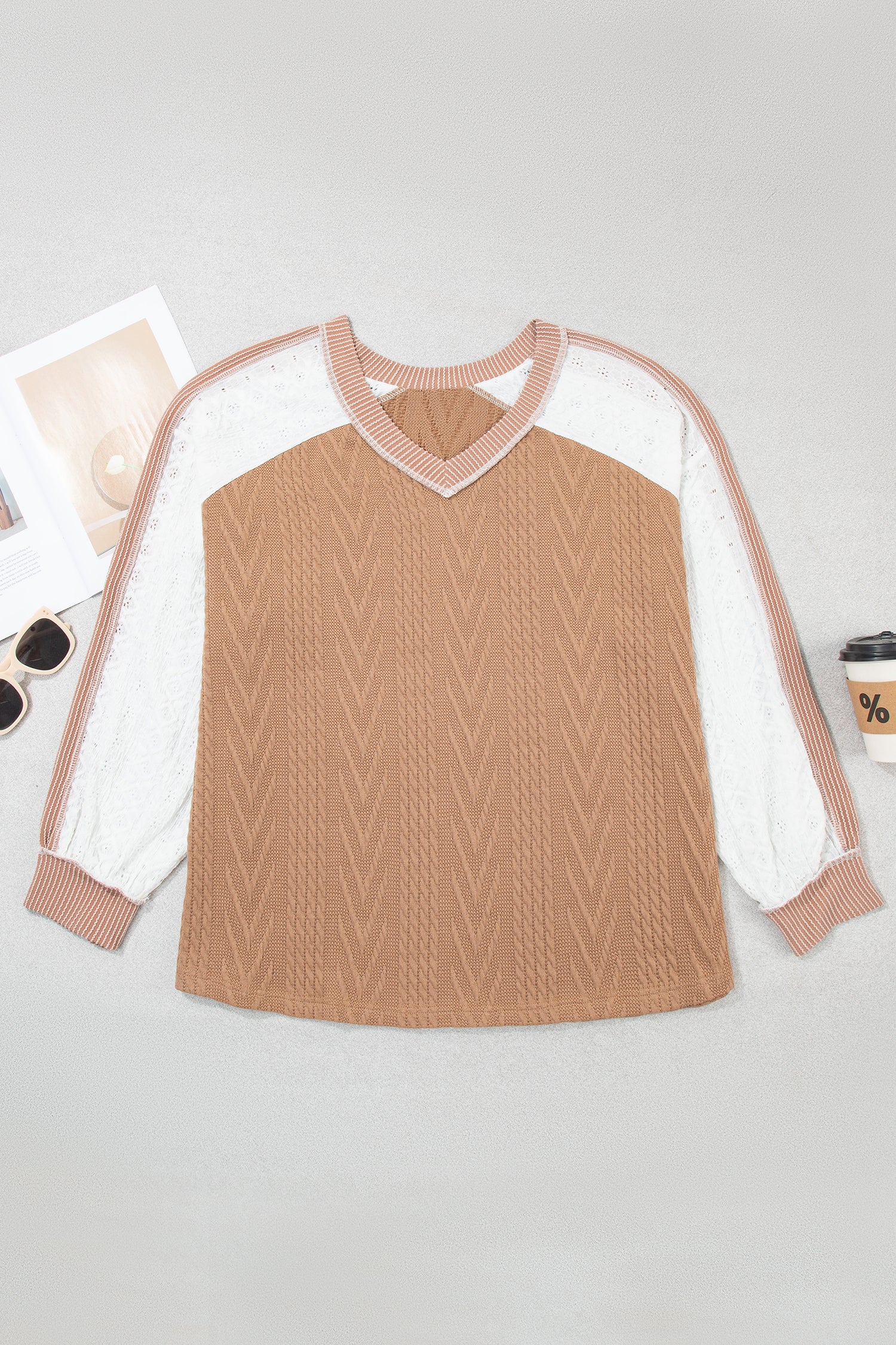 V-Neck Lace Sleeve Patchwork Blouse