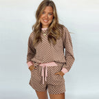 Plaid Long-Sleeve Top and Shorts Two-Piece Set