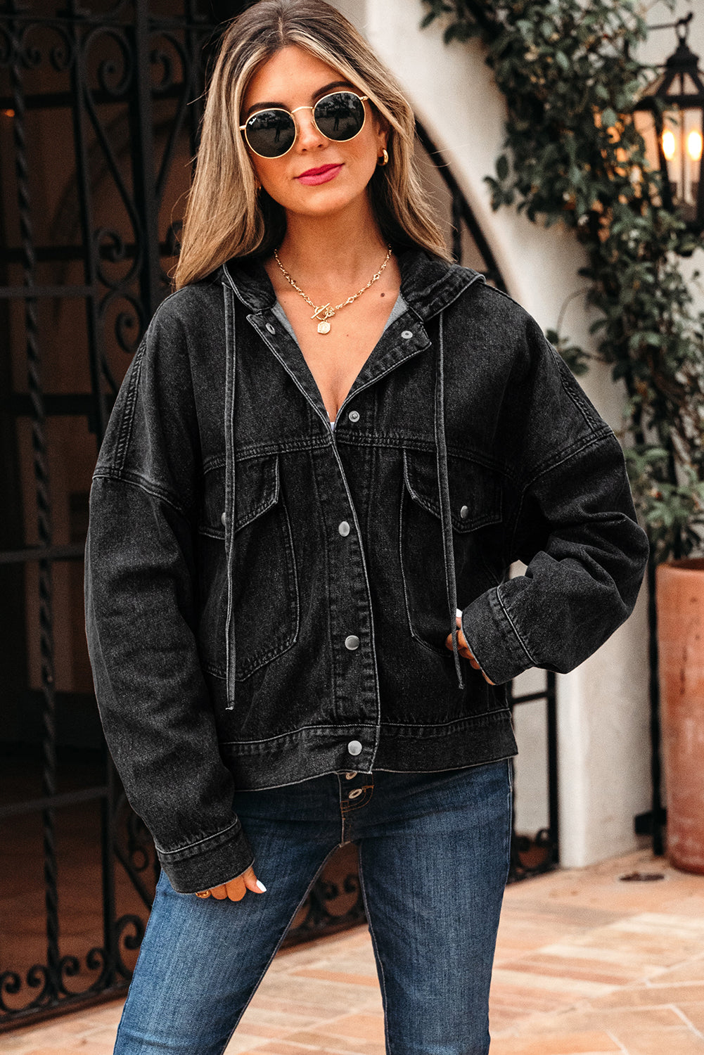 Drop-Shoulder Hooded Denim Jacket