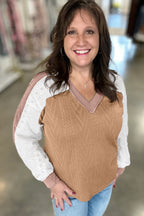 V-Neck Lace Sleeve Patchwork Blouse