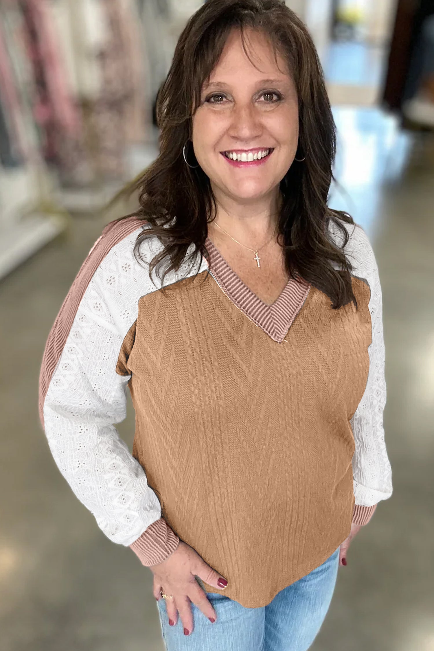 V-Neck Lace Sleeve Patchwork Blouse