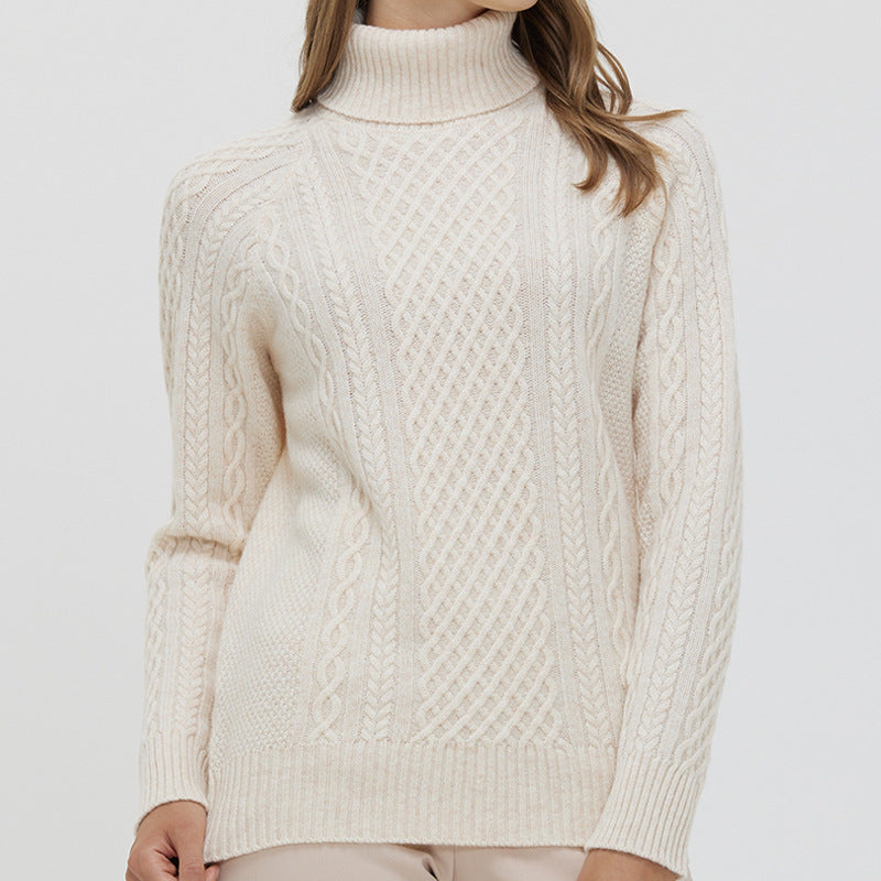 High-Neck Cable-Knit Wool Sweater